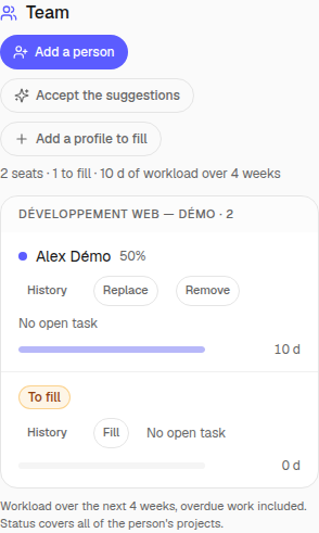 Two seats with the same profile: Alex occupies the first; the second remains unfilled.