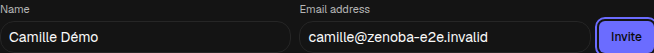 Invite onto a seat: enter a name and email. The form is shown before sending; no email was sent for the capture.