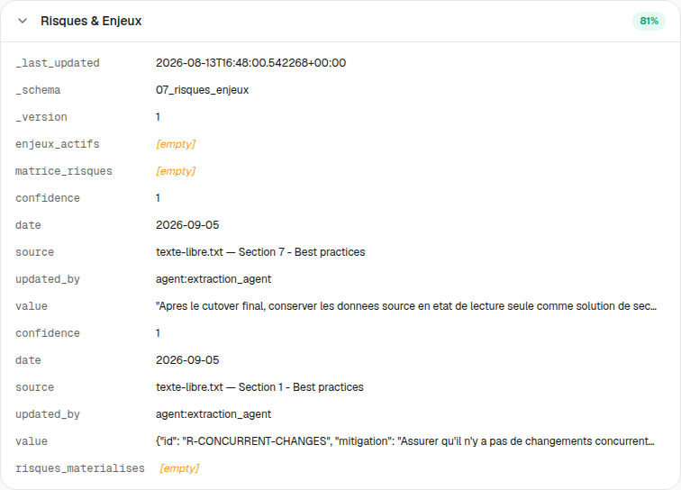 Design module: project sheets filled from documents, with source and confidence.